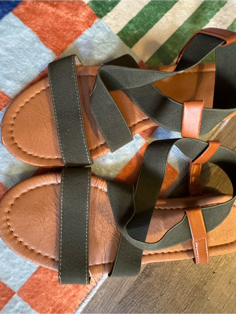 Brown Leather-Strap Sandals with Olive Elastic Bands - Women